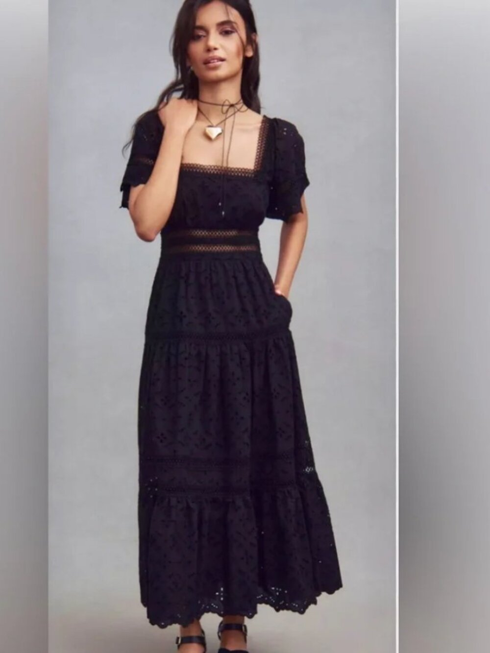 ANTHROPOLOGIE MAEVE VIOLETTA SQUARED NECK EYELET BLACK MIDI DRESS LARGE